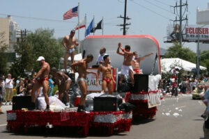 Van Darkholme dancing on a float at Pride Parade in Los Angeles in 2004